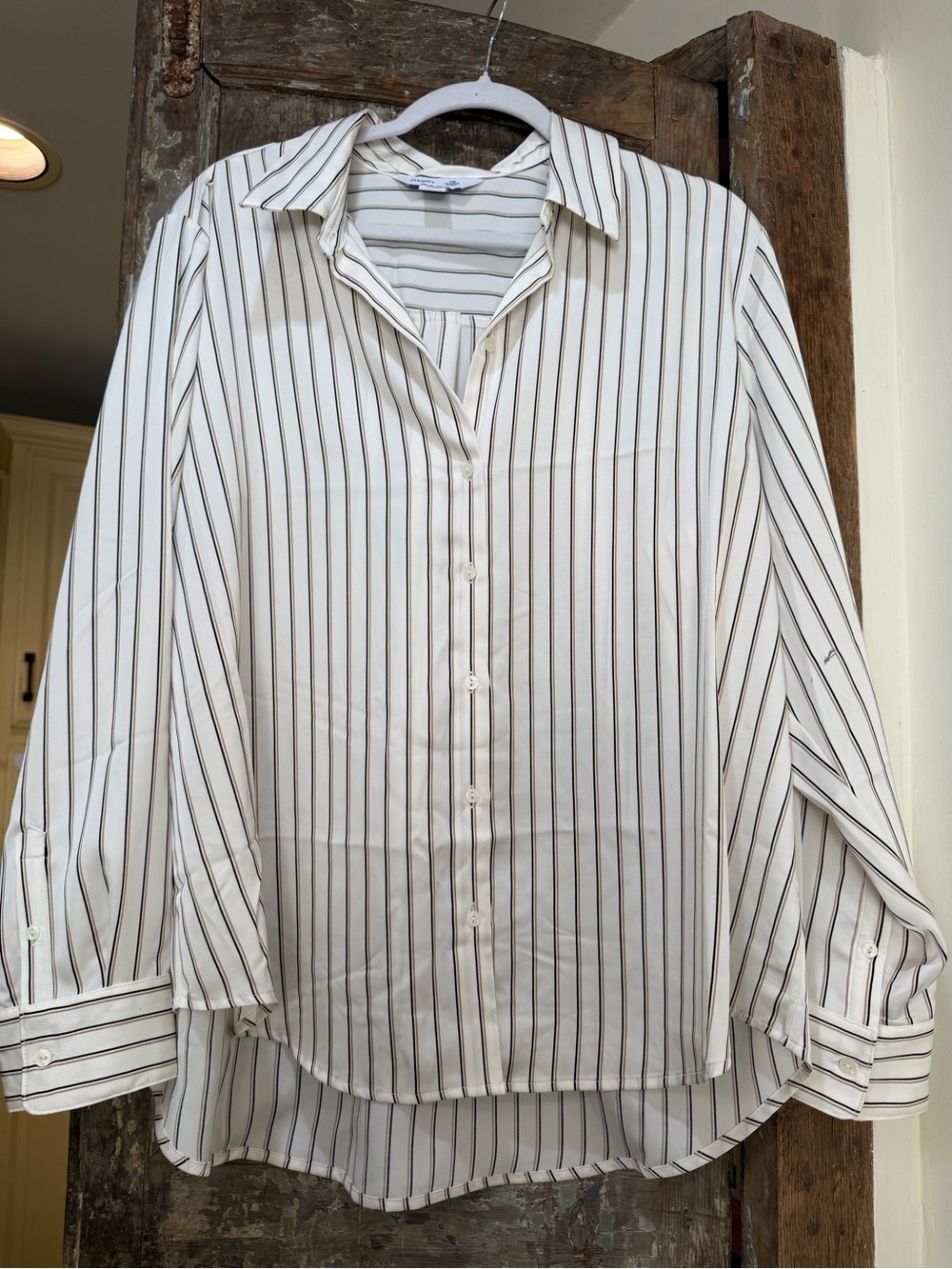 Old Navy Cream Button-Down Shirt with Brown Vertical Stripes